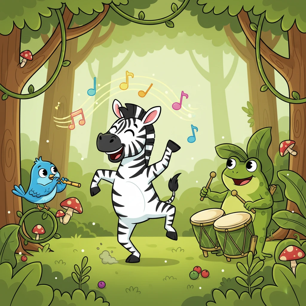 Zeca, a zebra, e sua banda – um sapo tocando tambores feitos de folhas e um passarinho cantando na flauta – ensaiam suas melodias festivas. A música alegre ecoa pela floresta, prometendo uma festa cheia de dança e diversão.