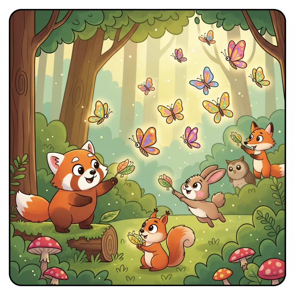 Pequenos convites de folhas, decorados com brilho, são entregues por borboletas mensageiras a todas as criaturas da floresta. Cada animal recebe seu convite, sentindo a emoção crescer para a grande celebração.