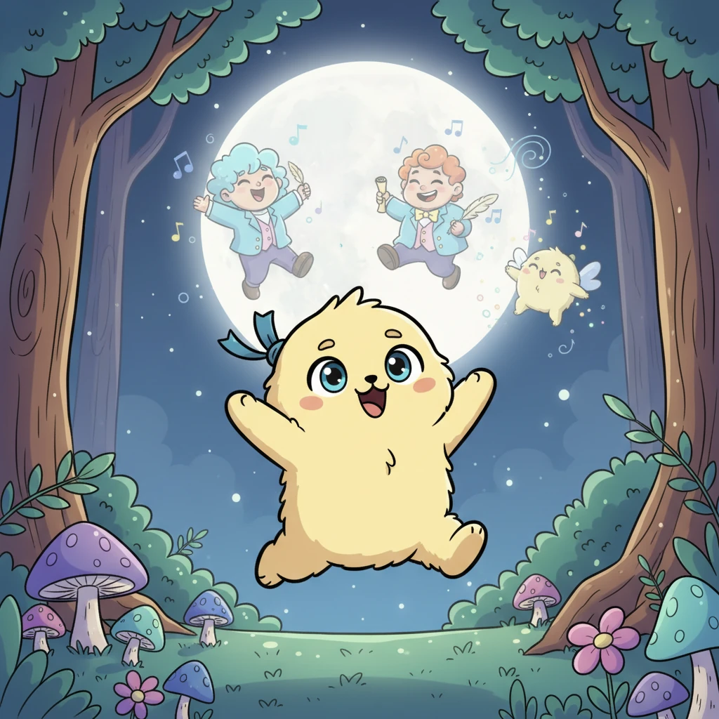 Na véspera da festa, Pipoca não consegue dormir, saltitante de tanta antecipação. Ela imagina todos os seus amigos se divertindo, enquanto a clareira brilha suavemente sob a luz da lua, pronta para o grande dia.