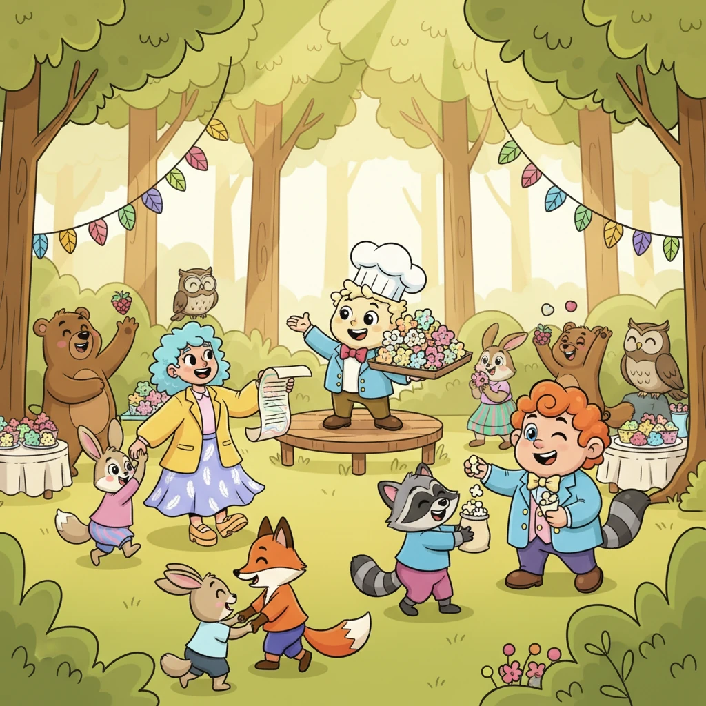 O Festival da Amizade finalmente começa! Todos os animais chegam, rindo, dançando e compartilhando as deliciosas guloseimas de Pipoca. A clareira está cheia de alegria e camaradagem, e Pipoca irradia orgulho.