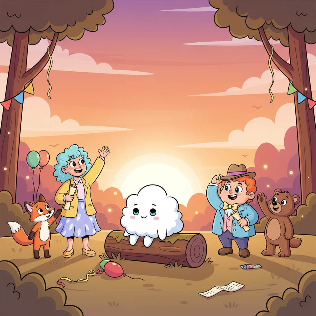 À medida que o sol se põe, pintando o céu com tons de laranja e rosa, Pipoca, cansada mas feliz, observa seus amigos se despedindo. Ela sabe que sua festa, cuidadosamente planejada, trouxe um dia inesquecível de alegria e união para toda a floresta.