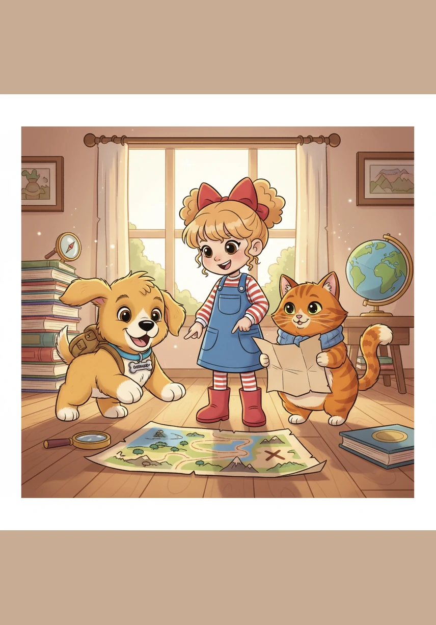 Barnaby the golden retriever puppy woke up with a wagging tail and a heart full of excitement. Today was the perfect day for an adventure in the sun-drenched park. He adjusted his favorite blue bowtie and trotted out the door, ready to see what the world had in store for him.