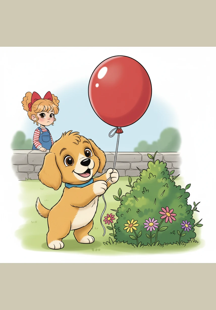 While sniffing around a patch of colorful daisies, Barnaby spotted something bright and shiny caught in a prickly bush. It was a big, round red balloon with a long silver string dancing in the breeze. He gently pulled it free, realizing someone must be very sad to have lost such a beautiful treasure.