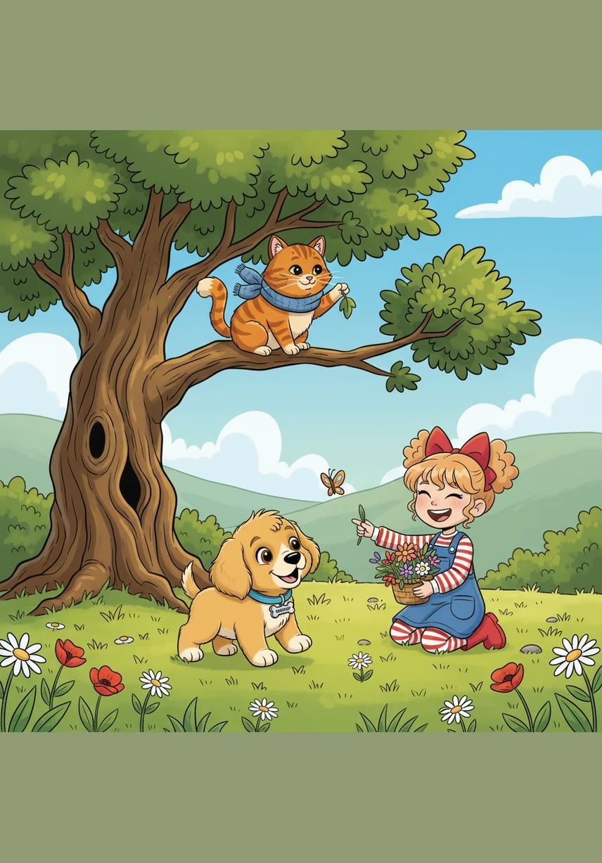 Near the old oak tree, Barnaby met Mittens the tabby cat, who was busy grooming her paws. When he showed her the balloon, she pointed her tail toward the bustling playground across the meadow. Mittens told him she had seen a little girl with that balloon just a few moments ago.