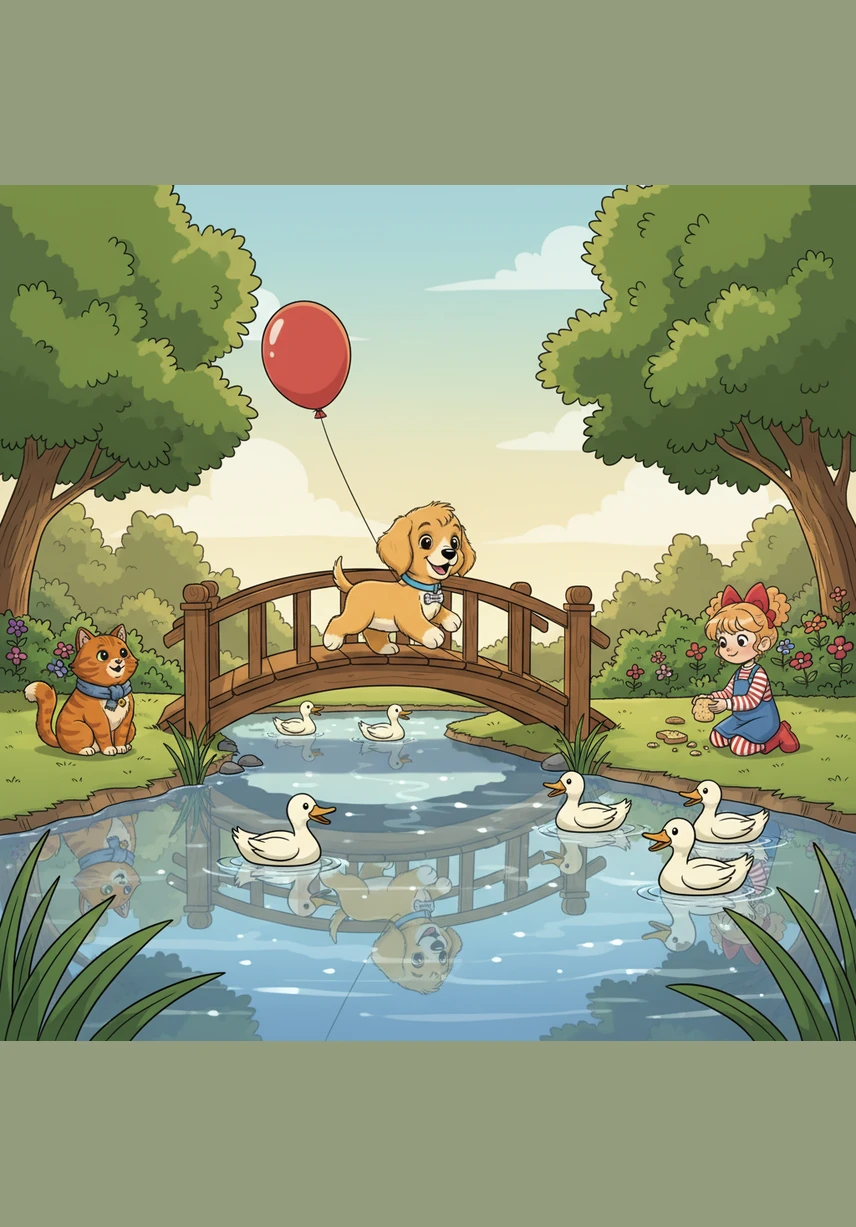 His journey took him across a charming wooden bridge that arched over a sparkling duck pond. The ducks quacked in rhythm as Barnaby trotted by, his reflection and the red balloon shimmering in the water below. He was determined to reach the other side of the park before the sun began to set.