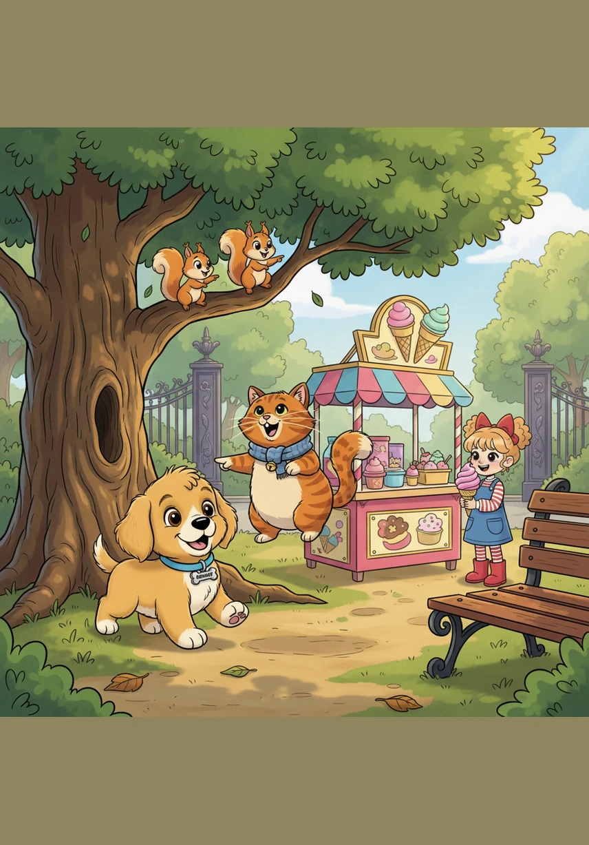 A family of chatty squirrels paused their nut-gathering to watch the puppy and his floating friend pass by. They chattered excitedly, pointing their tiny paws toward the colorful ice cream stand near the park gates. Barnaby thanked them with a friendly woof and hurried in that direction.