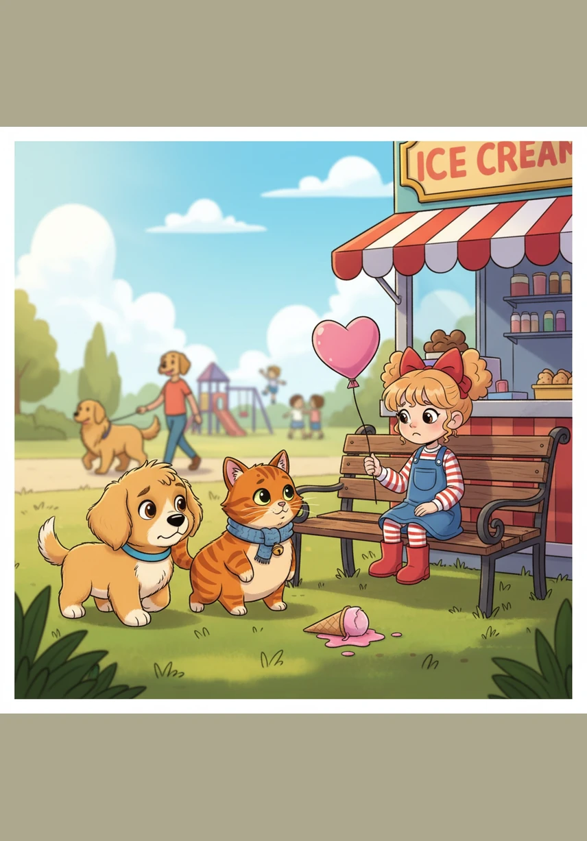 Near the ice cream stand, Barnaby spotted a little girl sitting on a bench, looking very sad with tears in her eyes. She was staring at her empty hand, the very hand that had once held a silver string. Barnaby knew right away that his mission was almost complete.