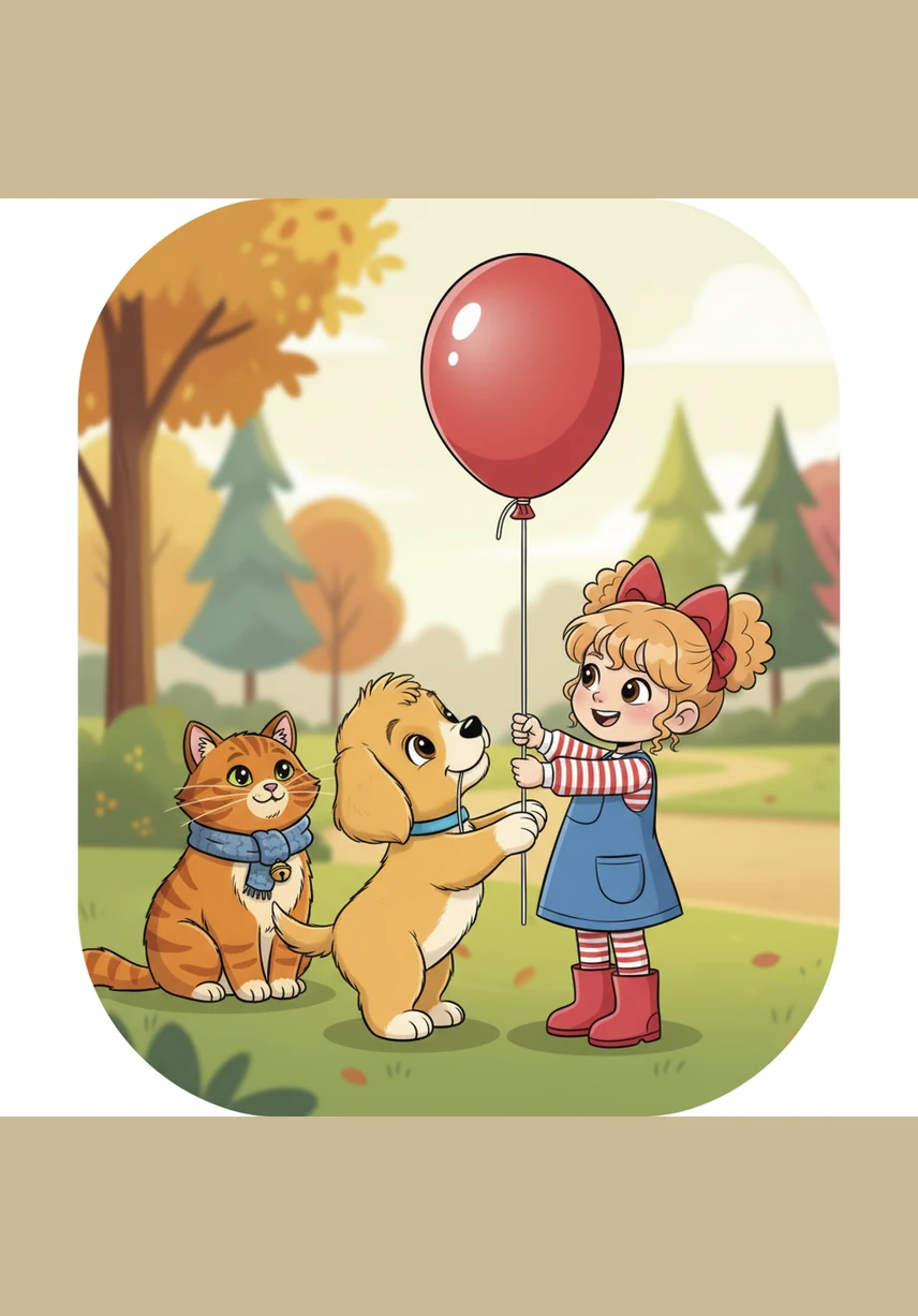 Barnaby walked up to the girl and gently nudged her knee, offering the silver string to her small hand. Her face instantly transformed into a radiant smile as she hugged the fluffy puppy and reclaimed her lost balloon. The park felt even brighter now that the balloon was back where it belonged.