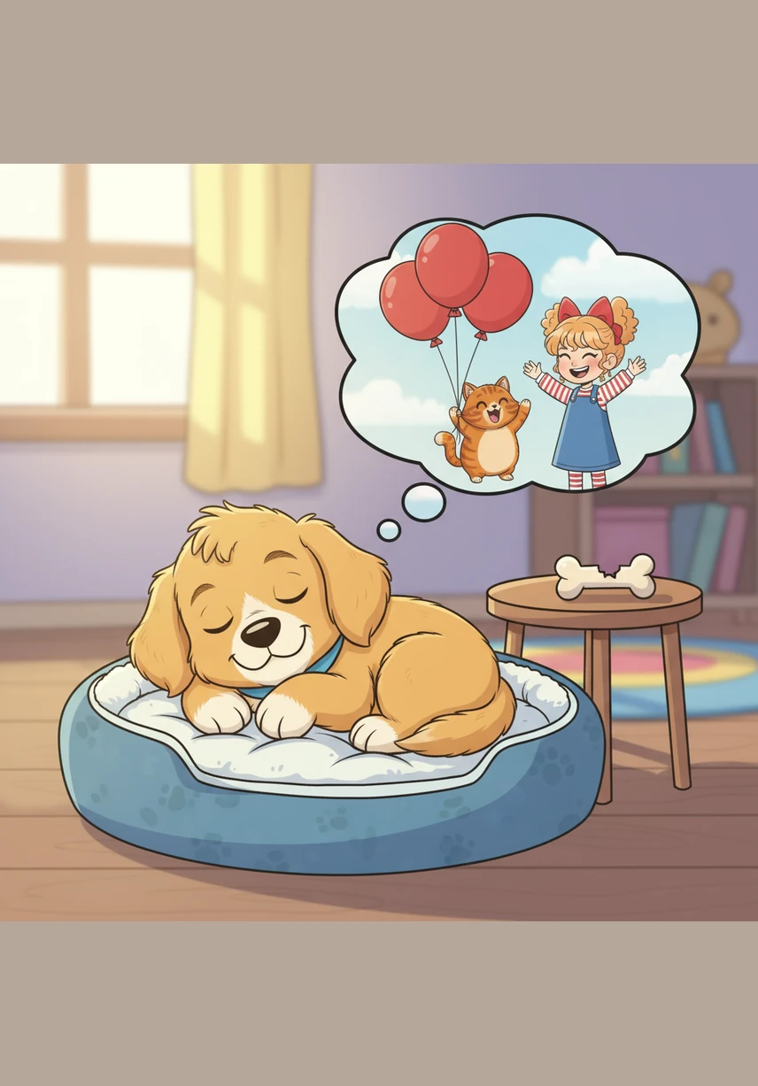 After a long day of heroics and a delicious doggy treat from the girl’s father, Barnaby finally returned home. He curled up in his cozy bed, tired but very proud of his big adventure. As he drifted off to sleep, he dreamed of red balloons and the many friends he made along the way.