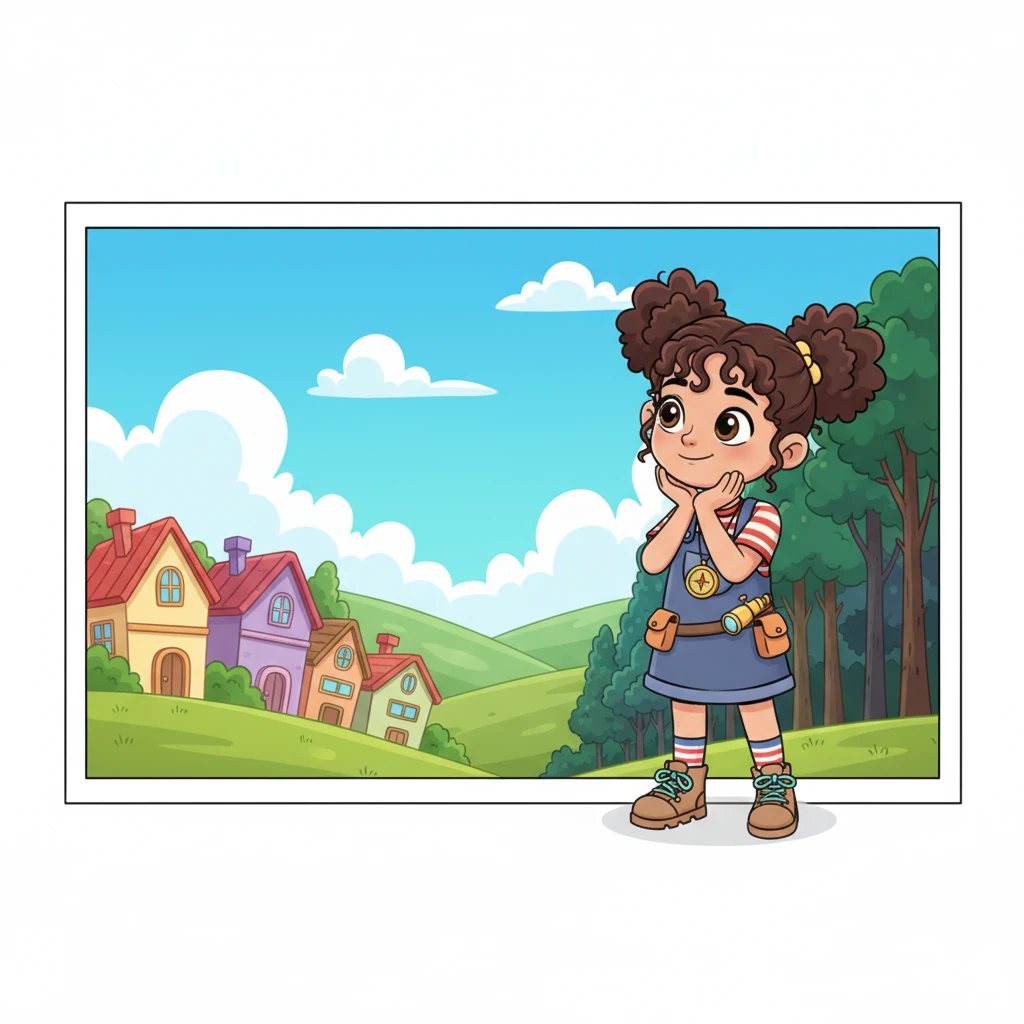 In a cheerful village nestled among rolling green hills, lived a curious little girl named Mia. She often gazed at the mysterious woods beyond, her heart filled with dreams of grand adventures and unexplored places. Mia yearned to discover what exciting secrets lay hidden just beyond her familiar world.