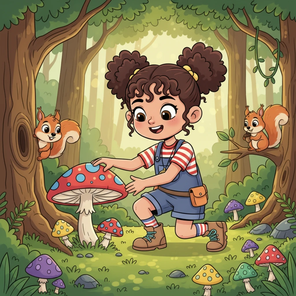 Mia ventured into the vibrant, leafy woods, where sunlight dappled through the canopy in playful patterns. Colorful mushrooms sprouted from the mossy ground, and friendly squirrels peeked from behind trees. Every rustle and chirp made her heart thump with exciting anticipation.