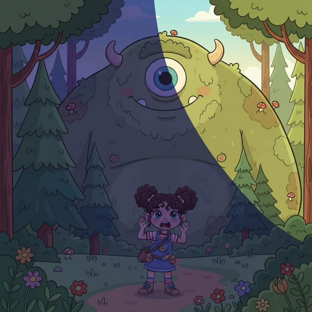 Suddenly, a colossal shadow loomed over Mia. A gigantic cyclops monster, with one enormous, curious eye, emerged from behind a cluster of tall trees. This was Jotnar, the legendary forest giant, and Mia's eyes widened in utter shock and fear.