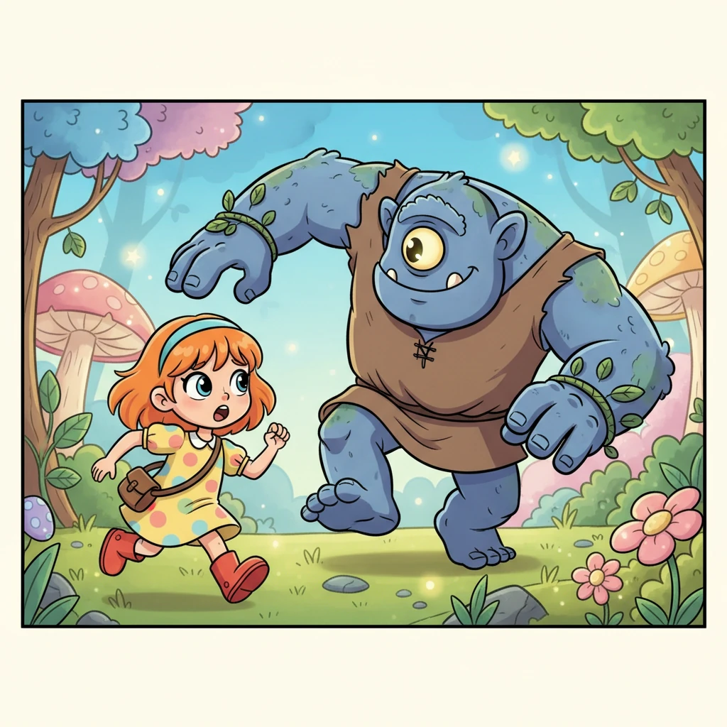 Panic seized Mia, and she let out a tiny gasp before turning on her heels and running as fast as her little legs could carry her. Jotnar, however, seemed to be moving with a clumsy, playful gait, his single eye twinkling as he lumbered after the tiny girl.