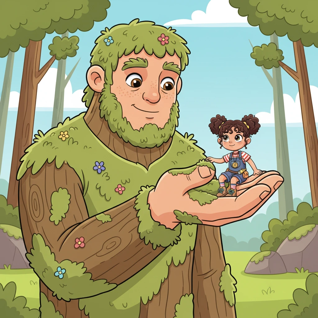 Just as Mia thought she couldn't run another step, Jotnar gently scooped her up with a massive, moss-covered hand. Mia braced herself, expecting the worst, but instead, she found herself perched safely in his palm, looking up at his surprisingly kind face.
