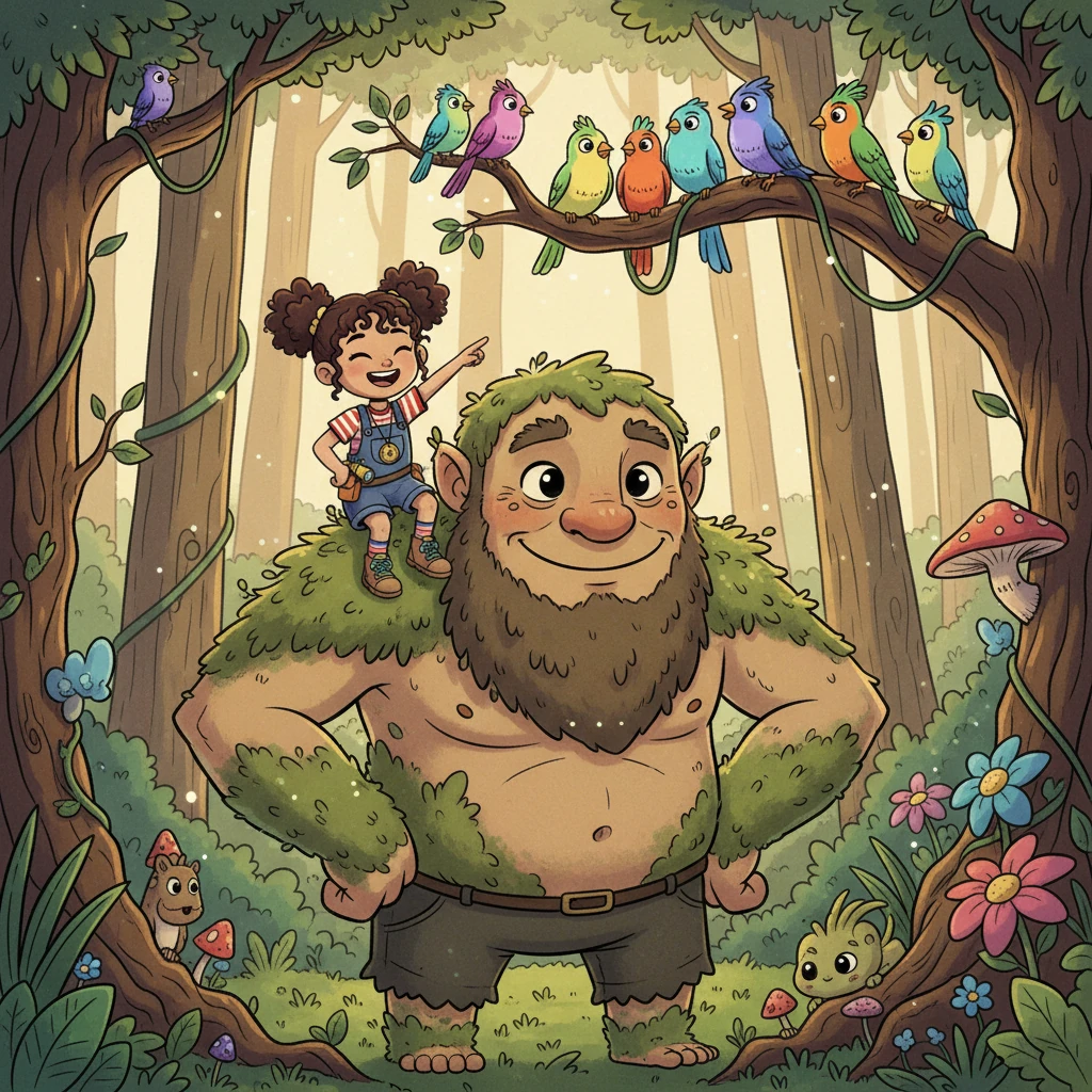 To Mia's astonishment, Jotnar wasn't scary at all; he was incredibly friendly! Soon, the two unlikely friends were giggling and playing hide-and-seek among the giant trees, their laughter echoing merrily through the whimsical forest. Mia even rode on Jotnar's shoulder, pointing out colorful birds.