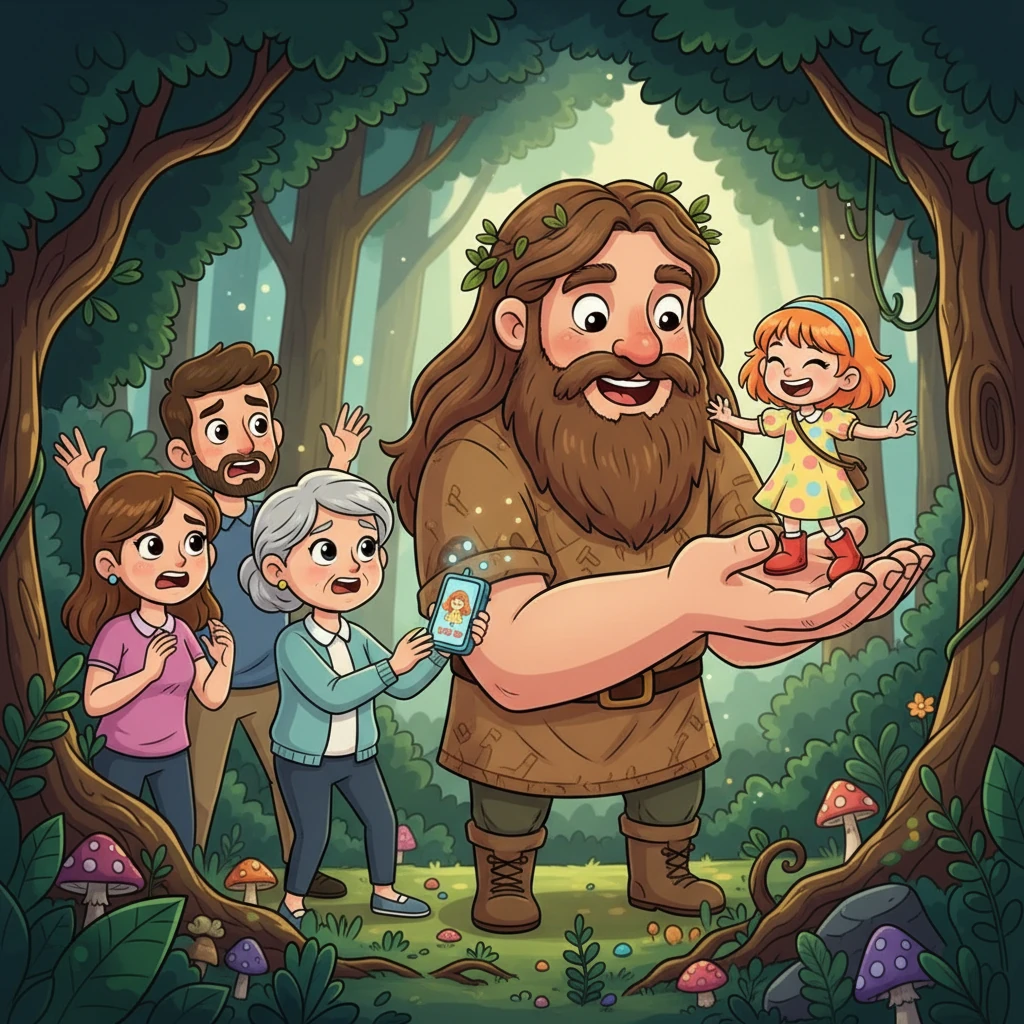 Back home, Mia's family grew increasingly worried when they realized she was gone. Using their special phone, they tracked Mia's location deep in the woods. Twenty minutes later, they burst through the trees, their worried faces transforming into immense relief as they saw Mia safe and sound, playing with a giant friend.