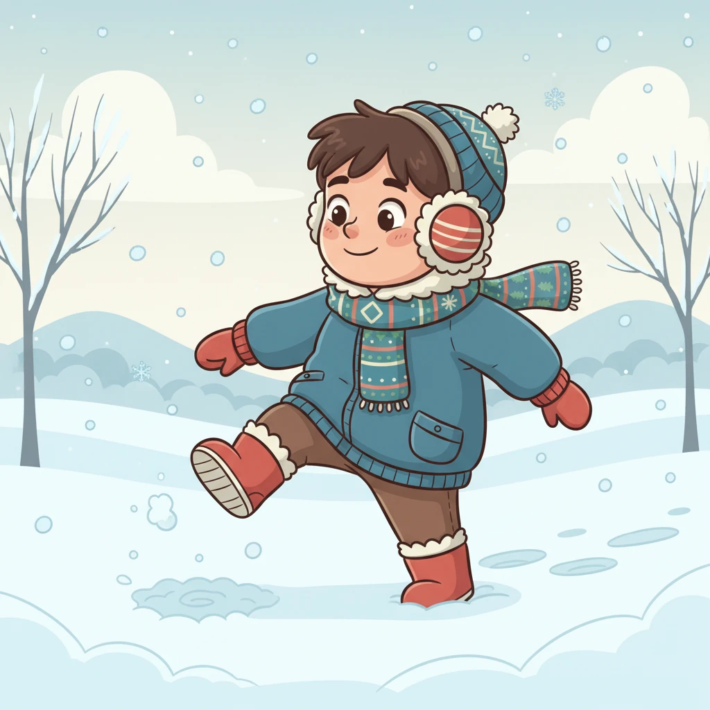 Îmbrăcat gros, Mihai a ieșit să exploreze. Fiecare pas pe zăpada proaspătă făcea un sunet crocant, ca o mie de biscuiți fărâmați. El ridica picioruțul, apoi îl lăsa jos, ascultând cu atenție melodia iernii sub bocancii săi.