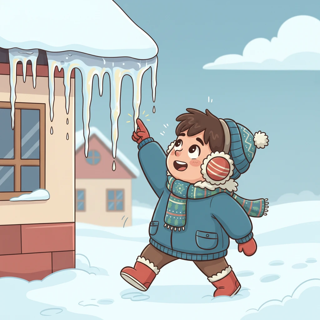 Pe streașina casei, țurțurii străluceau ca niște săbii de cristal, agățați de marginea acoperișului. Mihai a întins mânuța să-i atingă, simțind răcoarea și observând picăturile mici de apă ce cădeau. Fiecare picătură făcea un "țac" delicat pe gheața de jos.