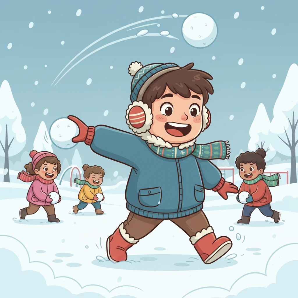 Prietenii lui Mihai l-au chemat la joacă. Au început să facă bulgări de zăpadă, moi și rotunzi, apoi i-au aruncat unul spre celălalt cu râsete cristaline. Bulgării loveau ușor hainele, făcând mici "bufuri" amuzante.