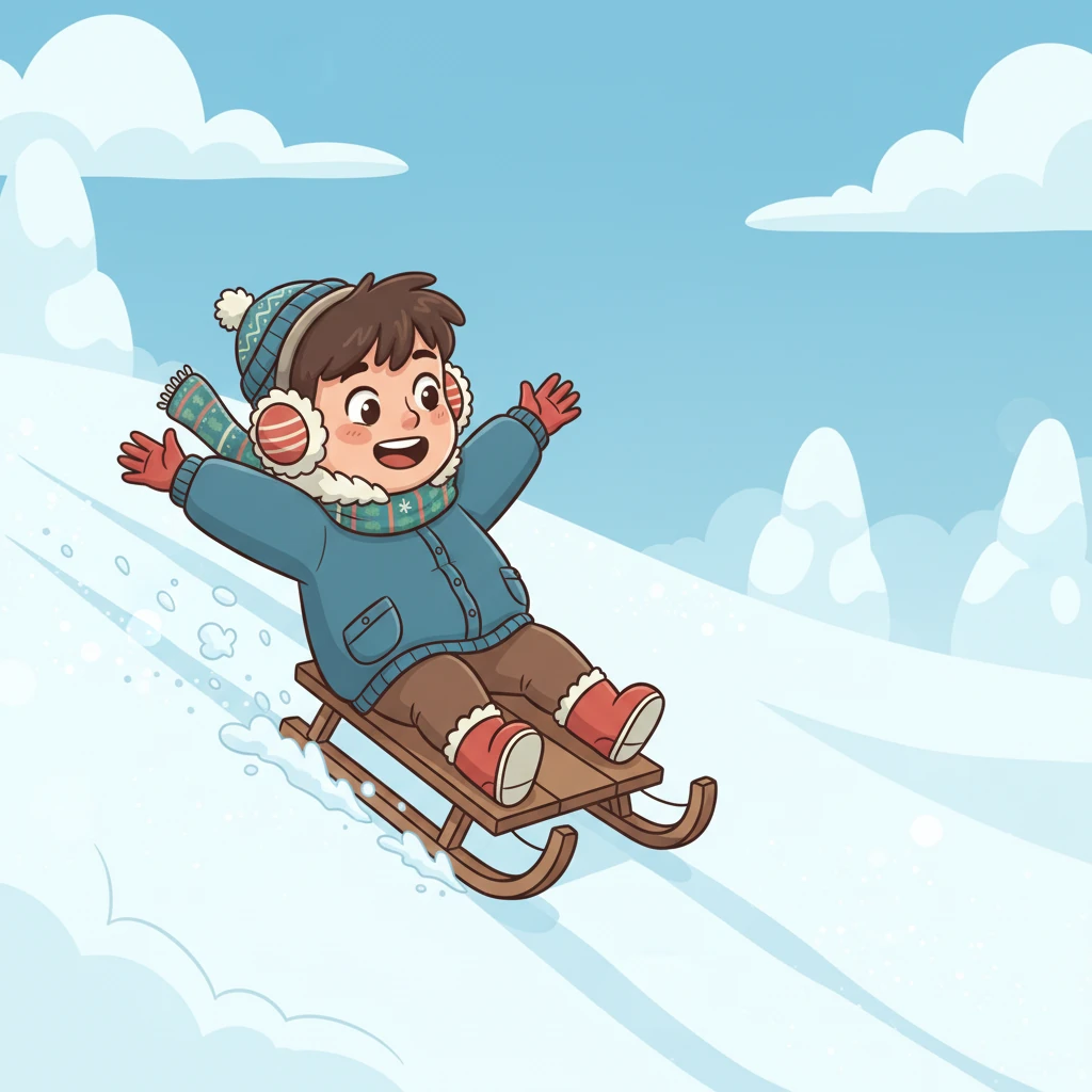 Pe dealul din apropiere, Mihai și-a luat sania. S-a așezat cu grijă, iar apoi a pornit la vale, zburând cu viteză pe zăpada lucioasă. Vântul îi șuiera pe lângă urechi, iar sania lăsa o dâră lungă în urmă.