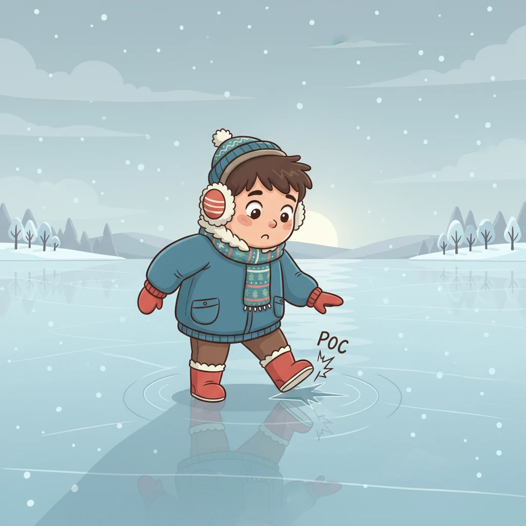 A ajuns la lacul înghețat, unde gheața groasă strălucea sub soarele palid de iarnă. A bătut ușor cu bocancul, auzind un "poc" sec și un scârțâit subțire, ca și cum gheața cânta un cântec secret. Peisajul era liniștit și misterios.