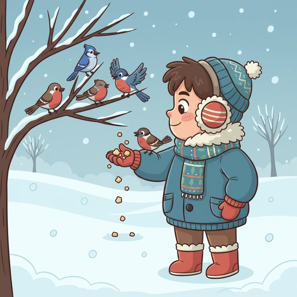 Pe o creangă golașă, câteva păsărele ciripeau vesel, căutând semințe ascunse. Mihai le-a lăsat câteva firimituri, iar ele au venit să ciugulească, mulțumind cu triluri vesele și rapide.