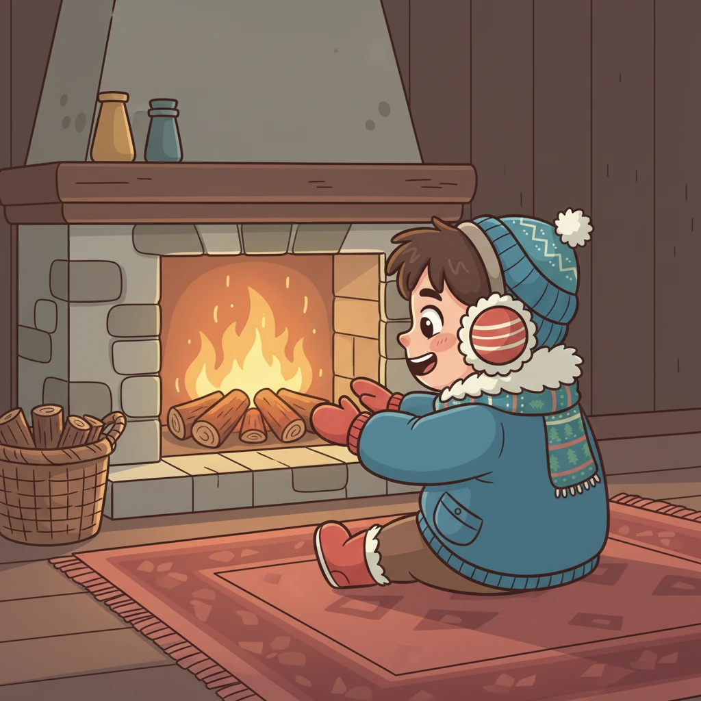 După atâta joacă, Mihai s-a întors acasă, unde un foc cald ardea în șemineu. Lemnele trosneau vesel, răspândind o căldură plăcută și un miros îmbietor. Era locul perfect pentru a se încălzi și a se relaxa.