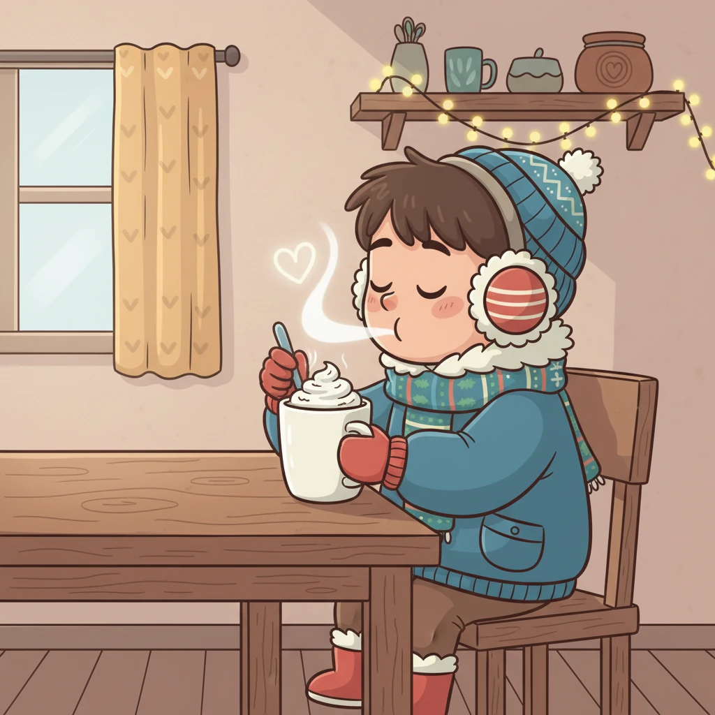 Mama i-a pregătit o ciocolată caldă aburindă, cu frișcă pufoasă deasupra. Mihai a amestecat încet cu lingurița, auzind un "țâr-țâr" delicat, apoi a sorbit cu plăcere, simțind gustul dulce și căldura.