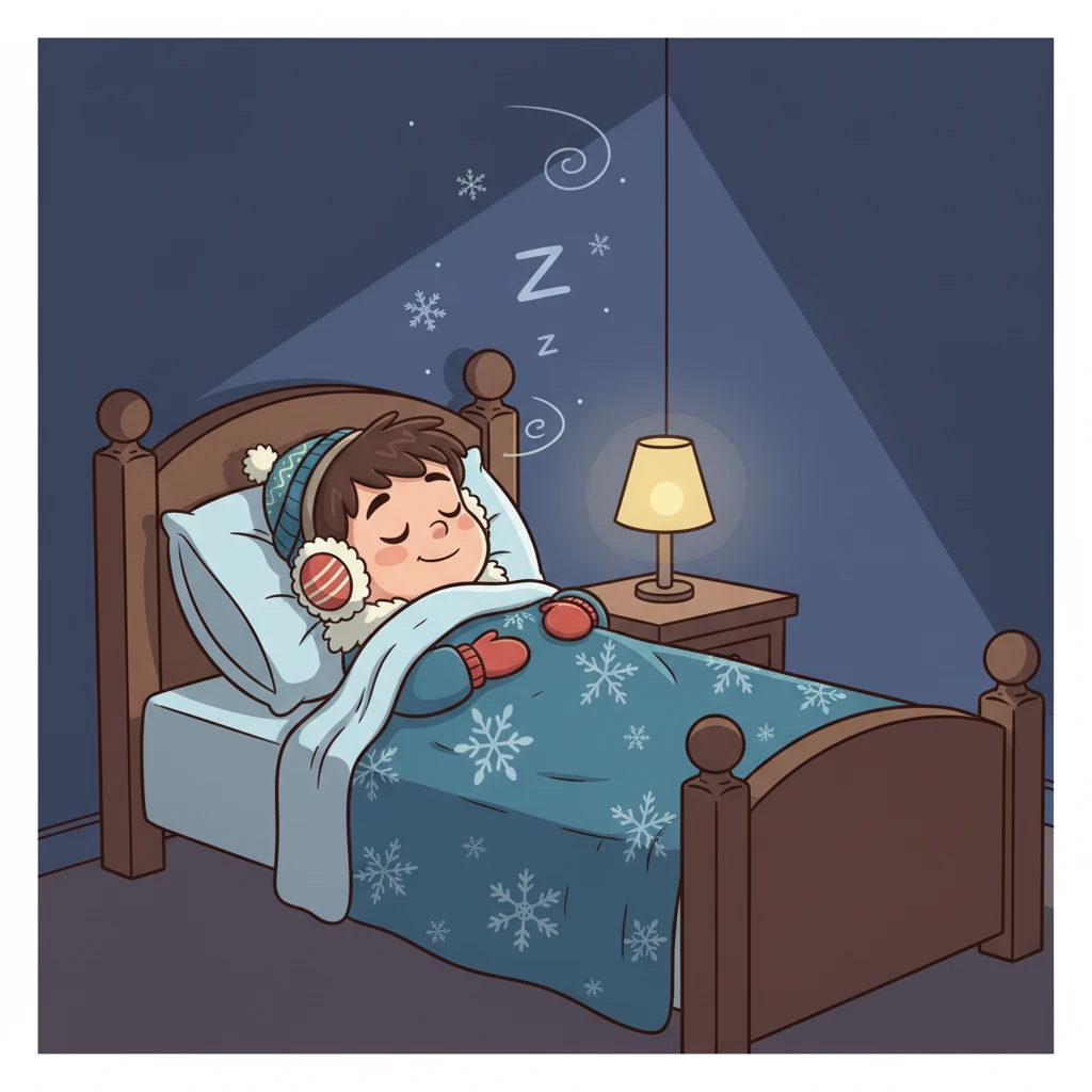 Obosit, dar fericit, Mihai s-a culcat. În patul său cald, a adormit repede, visând la fulgi de nea, la bulgări și la toate sunetele minunate ale iernii. Liniștea nopții era întreruptă doar de respirația sa blândă.