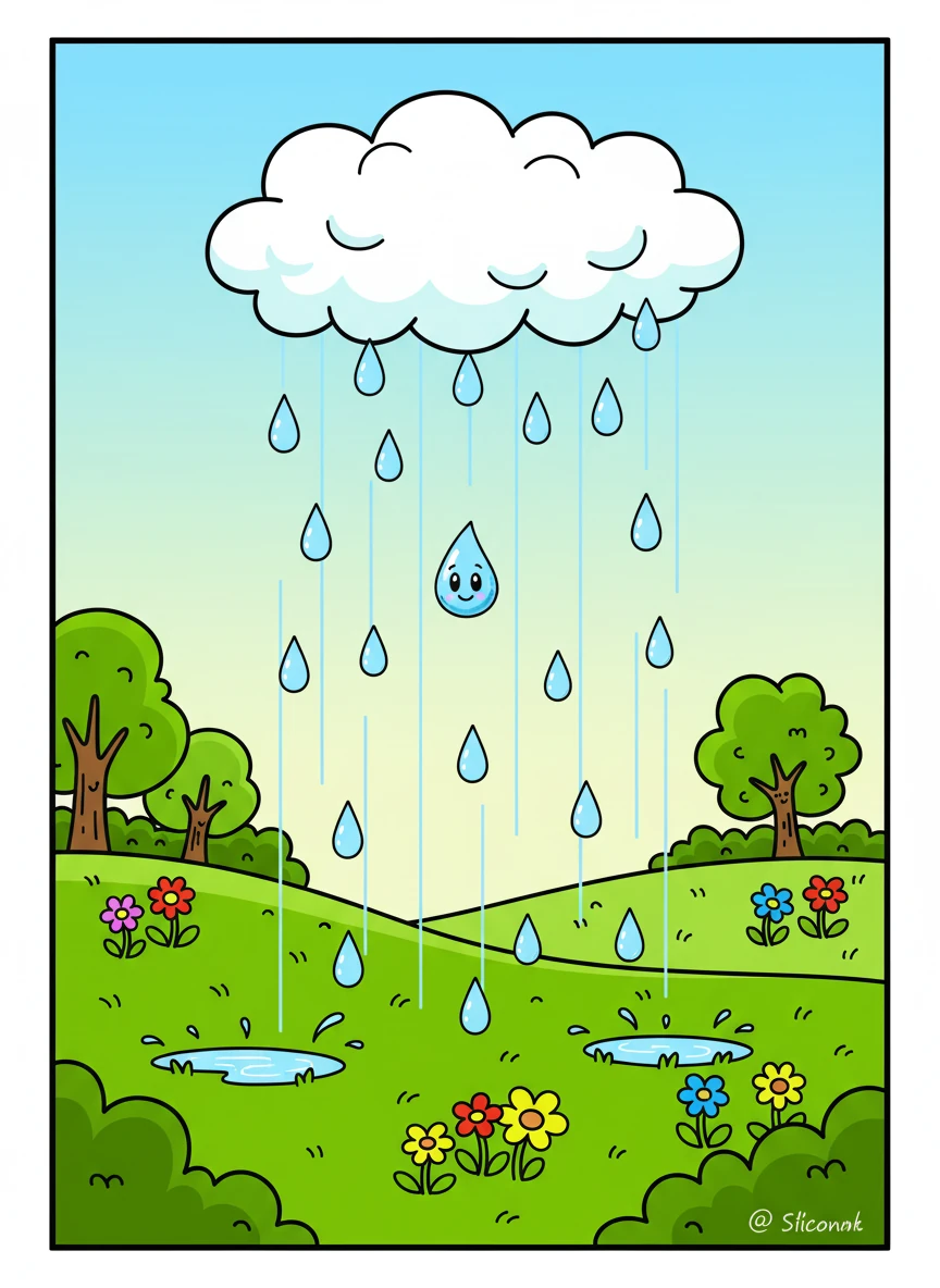 Μια μέρα, η Σταγονούλα αποφάσισε να κατέβει στη γη. Ξεκίνησε το ταξίδι της ως βροχή, πέφτοντας απαλά πάνω σε ένα καταπράσινο λιβάδι. Αισθάνθηκε τη χαρά της ελευθερίας και την αίσθηση της εξερεύνησης.