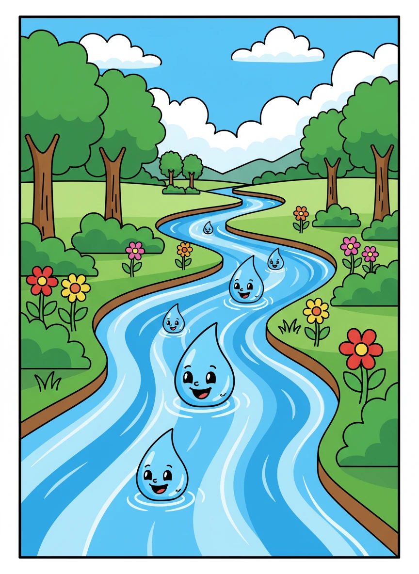 Έφτασε σε ένα ποτάμι, όπου συνάντησε άλλα νερά. Μαζί, ταξίδεψαν σε όλη τη γη, βλέποντας δέντρα να μεγαλώνουν και λουλούδια να ανθίζουν. Η Σταγονούλα κατάλαβε ότι το νερό ήταν απαραίτητο για τη ζωή.