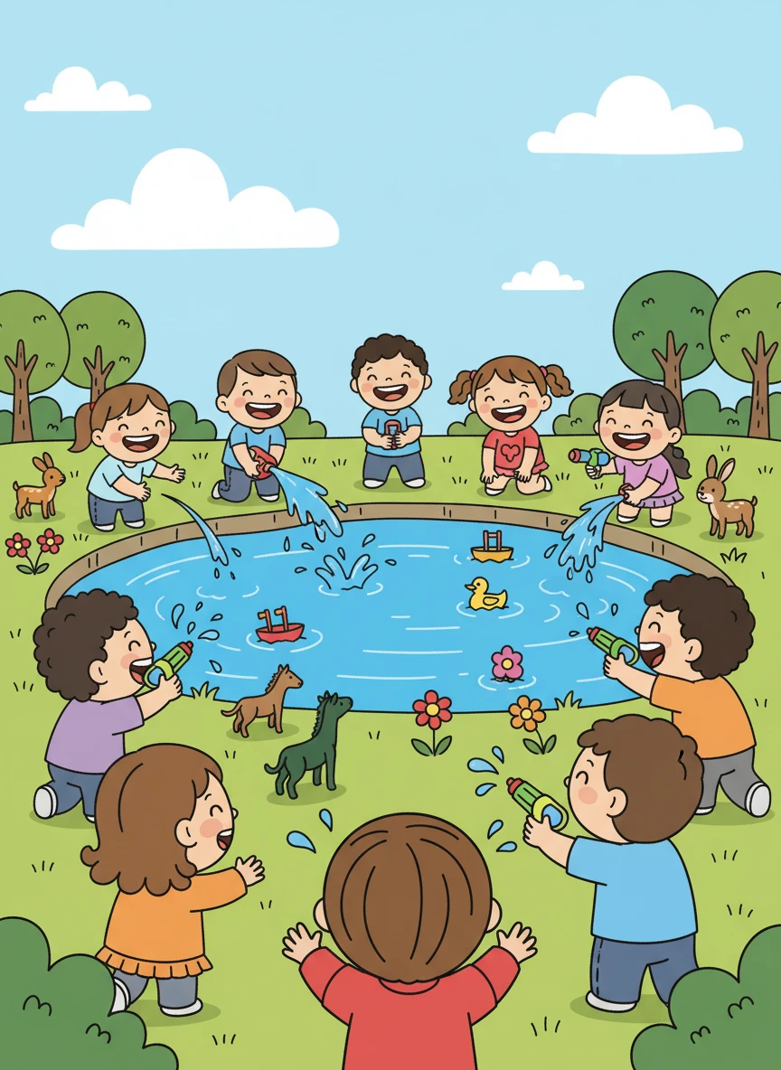 Συνάντησε παιδιά που έπαιζαν και γέλαγαν δίπλα σε μια λίμνη. Είδε πώς το νερό δροσίζει και διασκεδάζει, προσφέροντας στιγμές χαράς. Κατάλαβε τη δύναμη του νερού να φέρνει κοντά τους ανθρώπους.