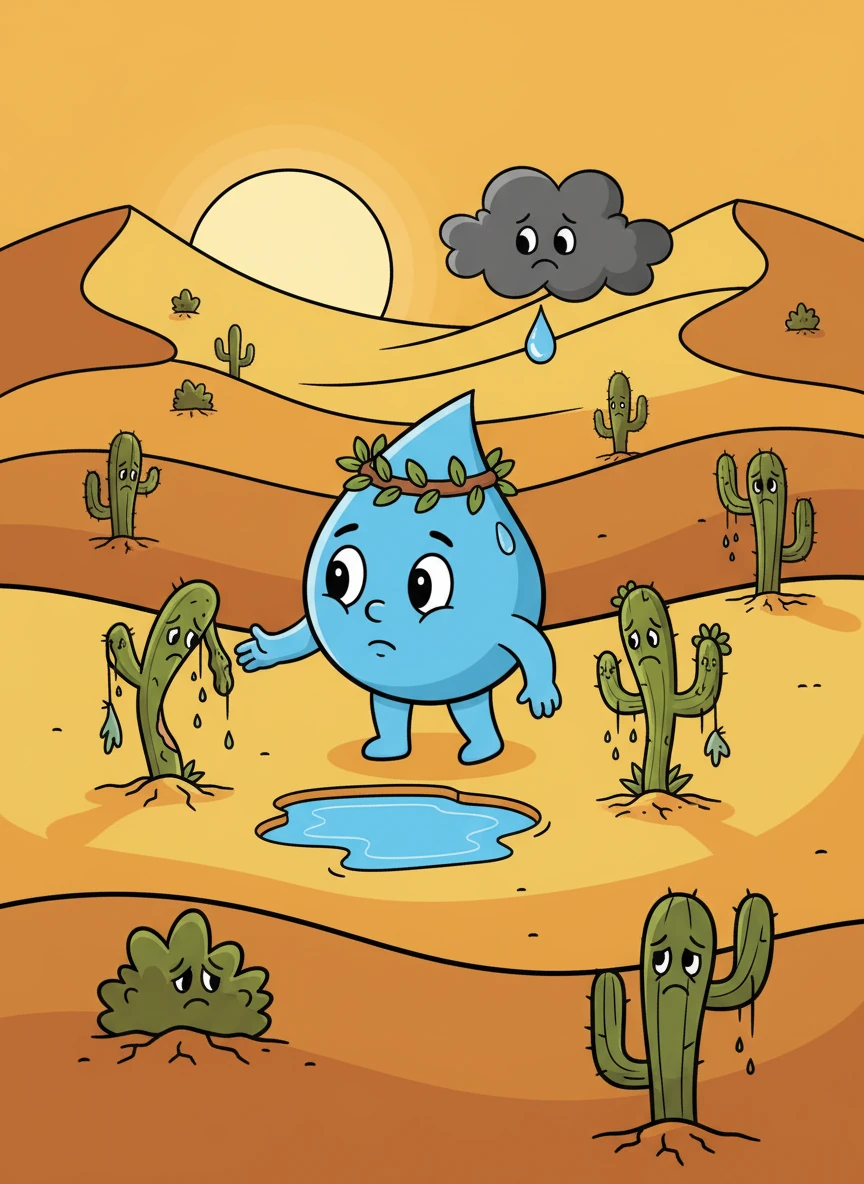 Η Σταγονούλα ταξίδεψε στην έρημο, όπου είδε φυτά να μαραίνονται από τη δίψα. Συνειδητοποίησε τη σημασία του νερού για την επιβίωση. Από τότε, ήξερε ότι έπρεπε να βοηθήσει.