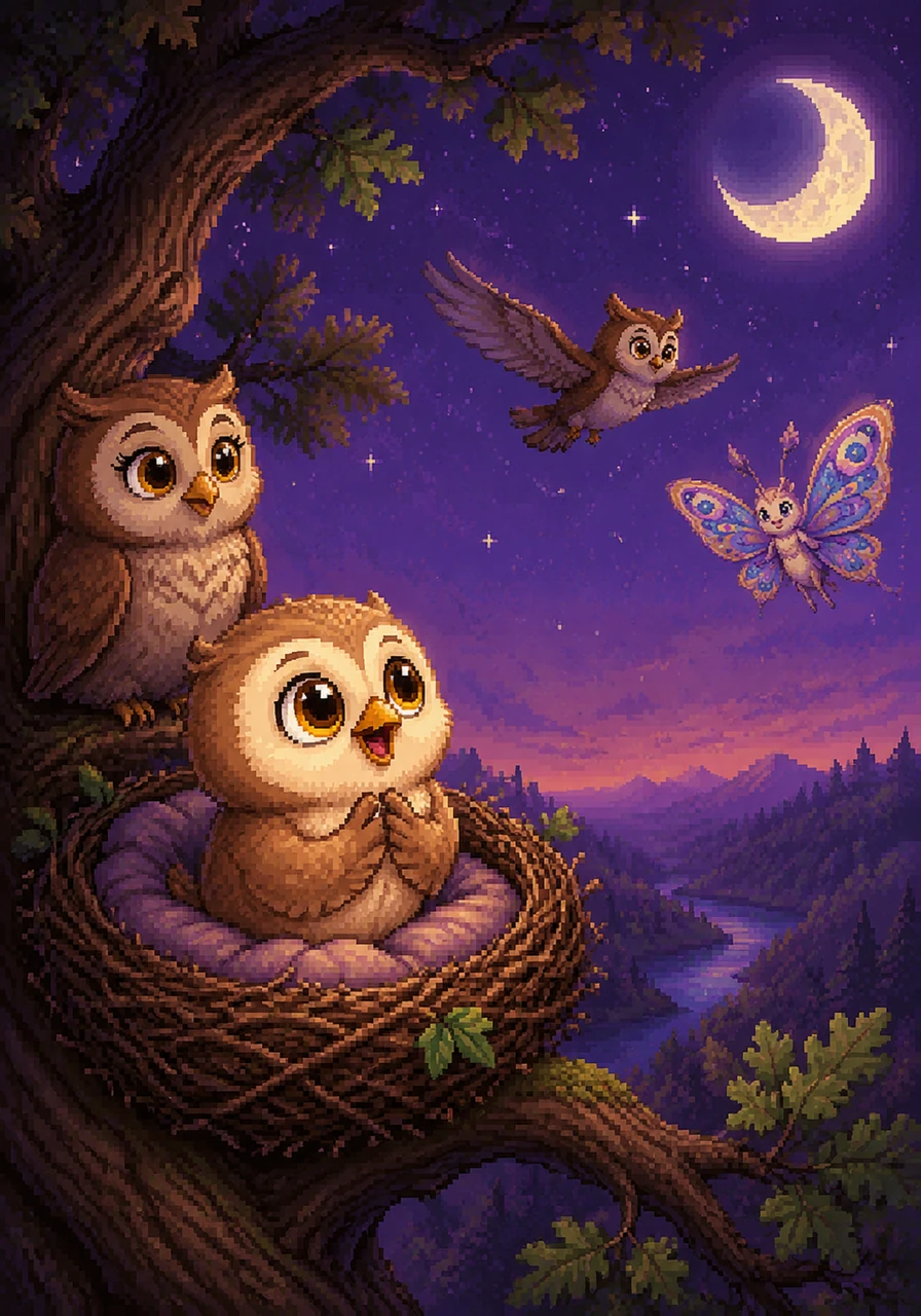 High up in an old, gnarled oak tree, a small owl named Ollie sat in his cozy nest. He watched the older owls glide gracefully through the purple twilight, their wings silhouetted against the rising stars. Ollie’s big, round eyes were filled with wonder as he whispered a wish to the moon to join them.