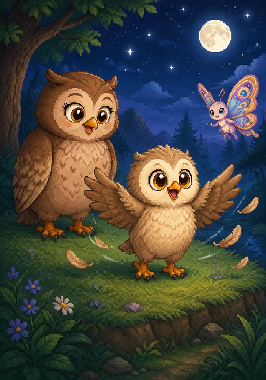 Before he could fly, Ollie practiced stretching his soft, downy wings every evening. He flapped them rhythmically, feeling the cool night air move beneath his feathers and building his strength. His mother watched with a proud smile, knowing that his big moment was drawing closer with every beat.