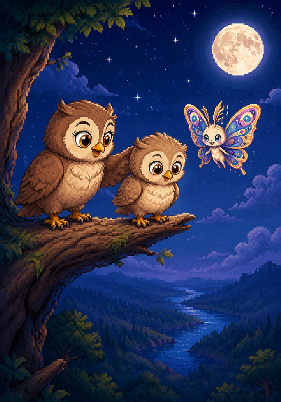 One clear night, Ollie’s mum nudged him toward the very edge of their sturdy branch. The forest floor looked very far away, and the wind ruffled his feathers as he peered down into the shadows. Your wings are strong now, Ollie, his mum whispered encouragingly, it is time to find your own path in the sky.