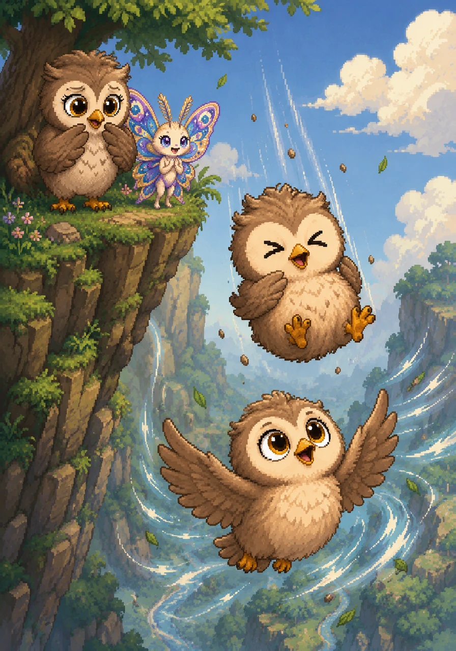 Ollie took a deep, shaky breath, squeezed his eyes shut for a second, and then he jumped! For a terrifying moment, he tumbled through the air, falling faster and faster toward the ground. Then, instinctively, he spread his wings wide, caught a sudden breeze, and felt himself lift upward.