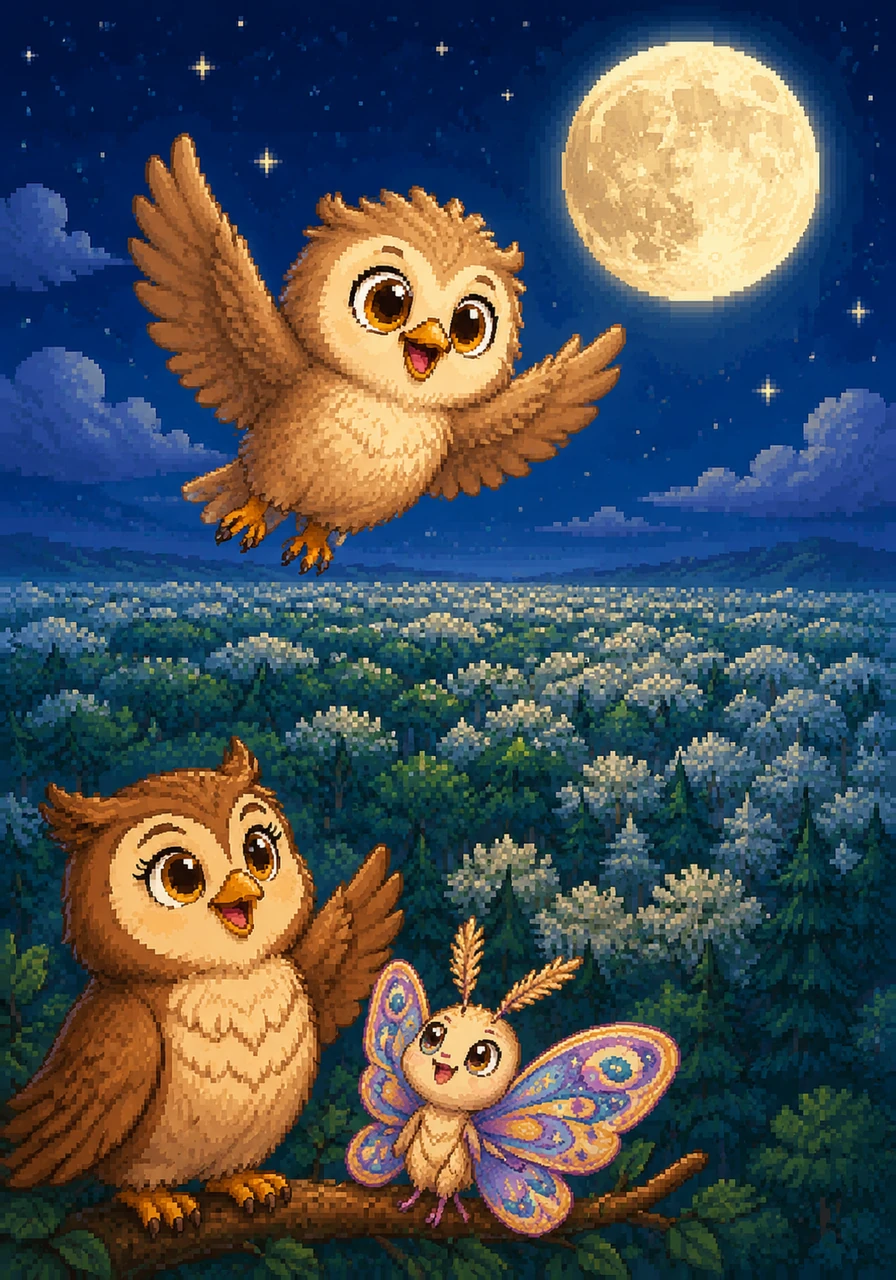 With a powerful flap, Ollie soared high above the treetops, higher than he had ever dreamed possible. The entire forest looked like a shimmering carpet of silver and green beneath the glowing full moon. He hooted with pure joy, realizing that the vast, beautiful sky was now his to explore.