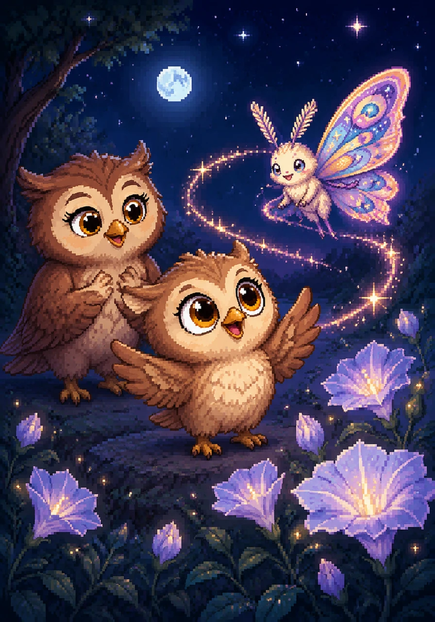As he glided near a patch of glowing night-blooming flowers, a delicate moth with shimmering wings fluttered into view. Hello! I'm May, she chirped, dancing in circles around Ollie’s head. Ollie beamed at his new companion, amazed to find someone else who loved the magic of the night as much as he did.
