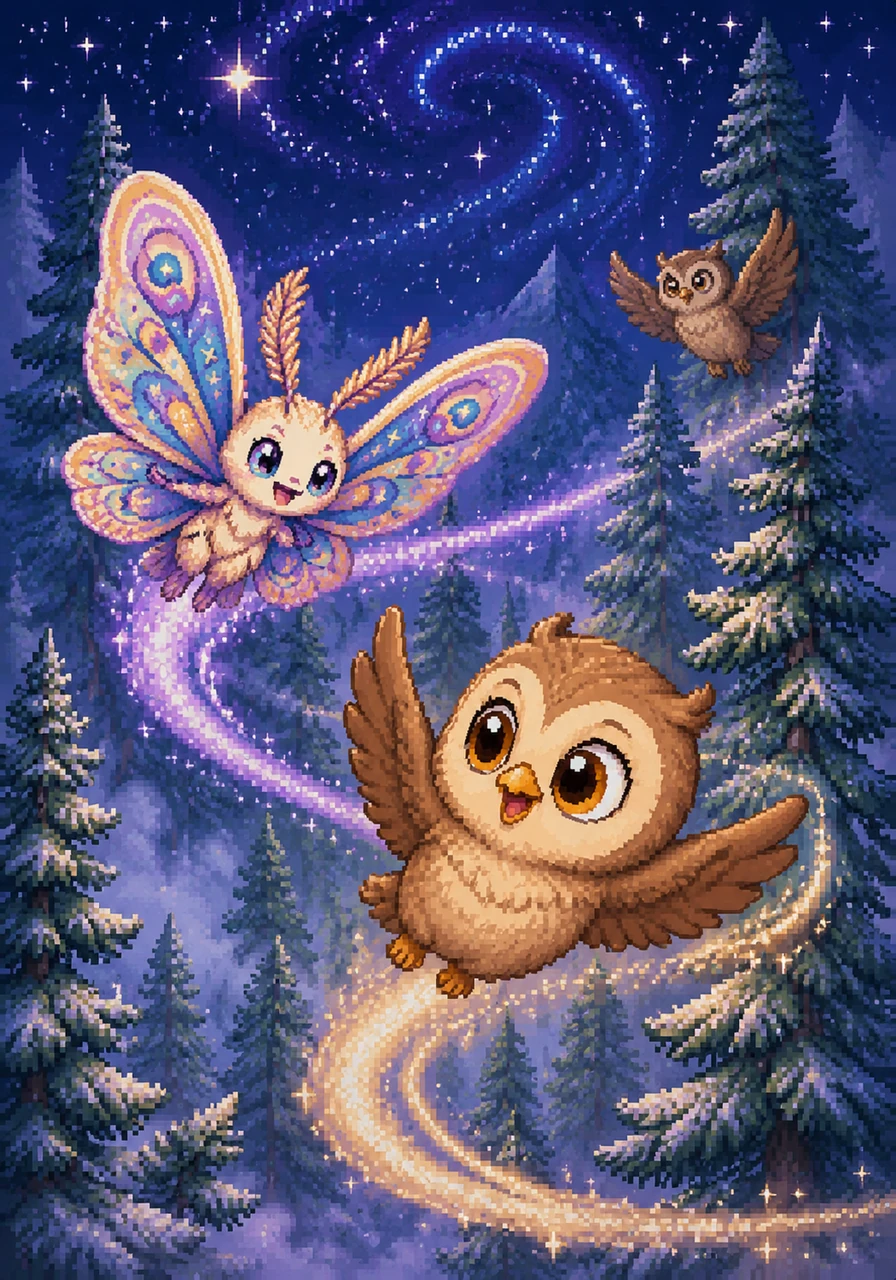 Ollie and May played a game of tag among the silver-tipped leaves of the tall pines. They swooped through the misty air, leaving gentle trails behind them as they spiraled toward the stars. The world felt enormous and exciting, and Ollie realized that flying was even better with a friend by his side.