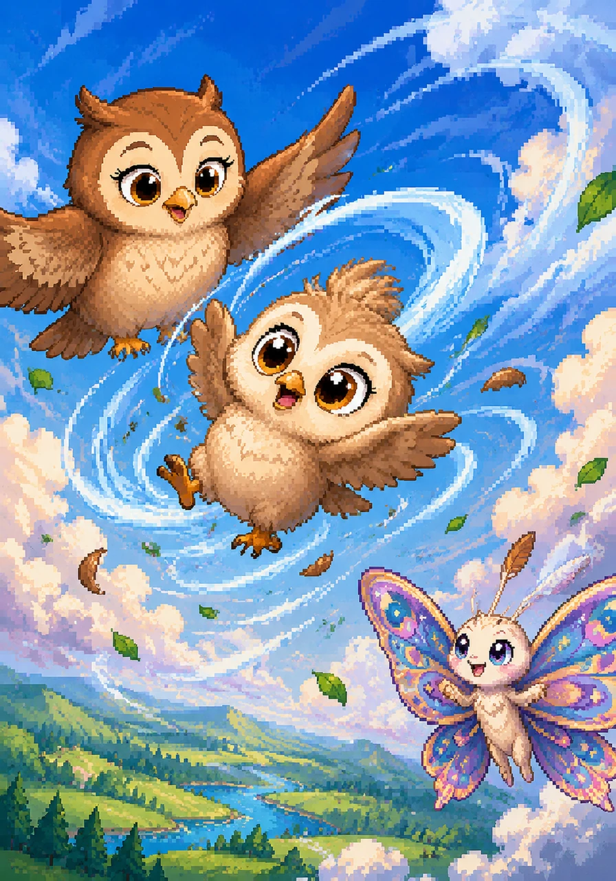 Suddenly, a strong gust of wind pushed Ollie off balance, sending him into a dizzying spin. Remembering his mother’s lessons, he steadied his wings and steered himself back into the calm air with newfound confidence. He wasn't just a bird in the sky anymore; he was a true flyer who knew how to handle the wind.