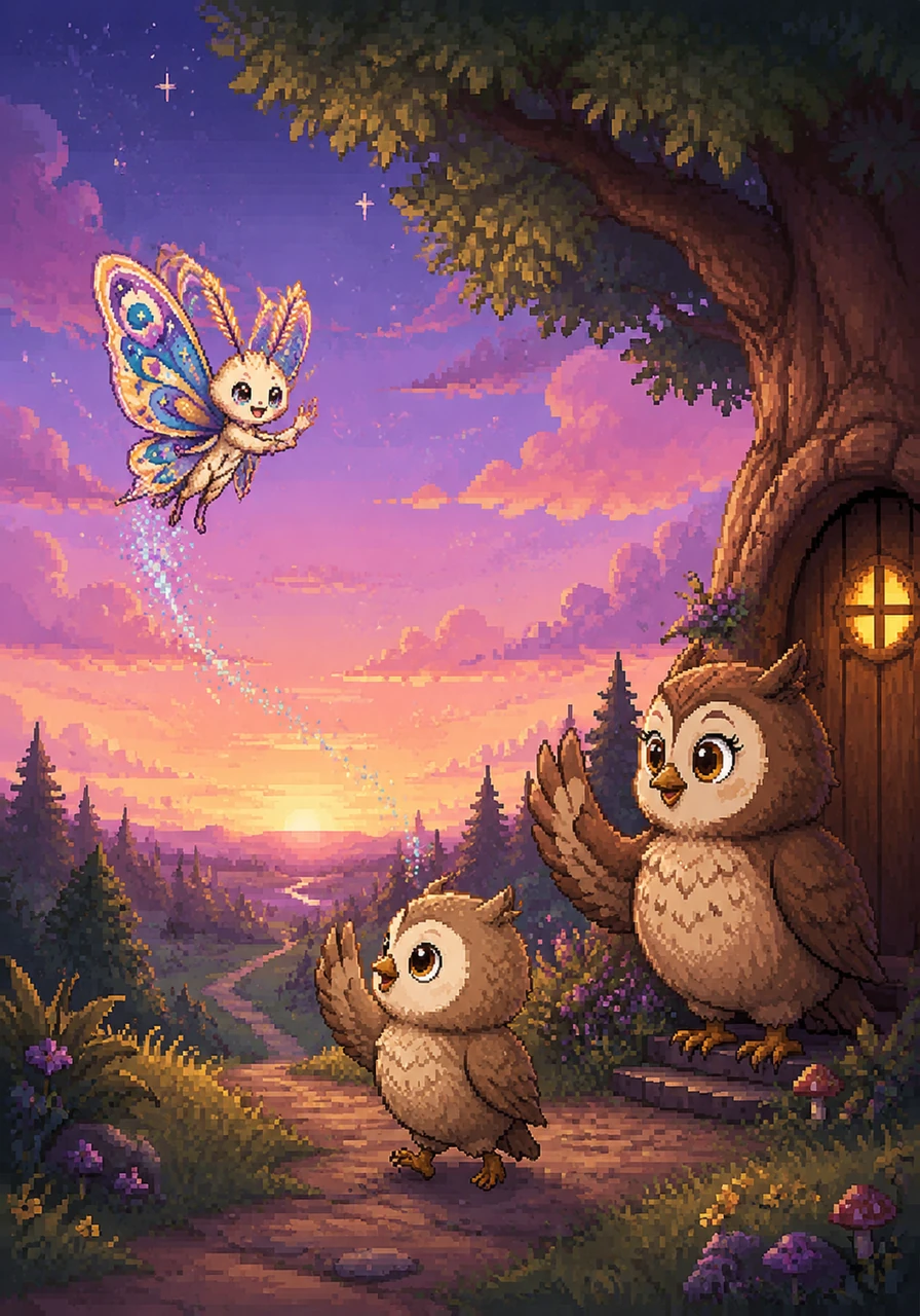 As the first hint of dawn began to paint the horizon in soft pinks, May waved her tiny wings goodbye. Ollie promised to meet her again the very next night near the old oak tree. He turned back toward home, his heart full of the secrets of the stars and the warmth of a new friendship.