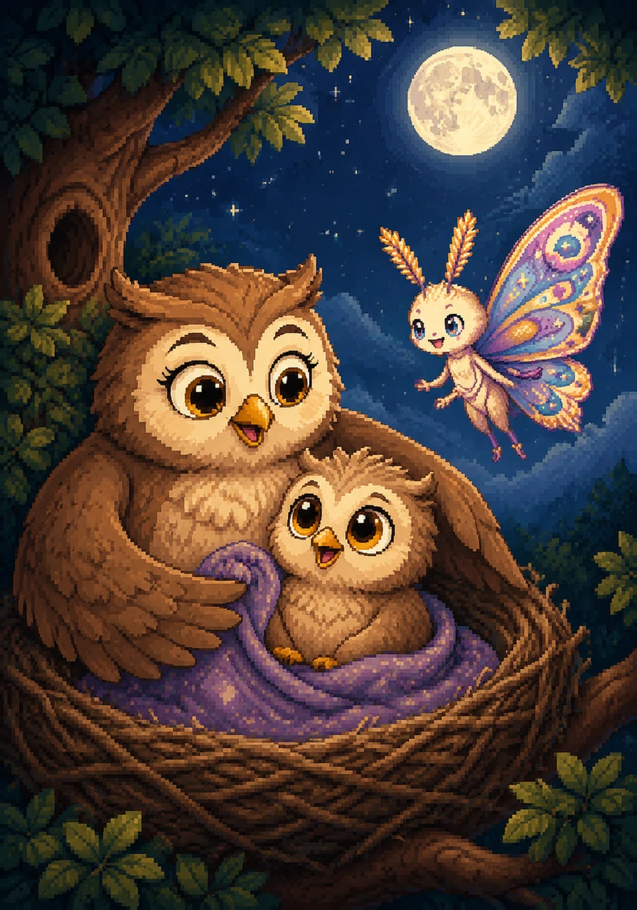 Ollie landed softly back in his nest, where his mother was waiting with open wings. He told her all about his flight, the wind, and his wonderful new friend May while she tucked him in. As he drifted off to sleep, Ollie felt brave, happy, and ready for many more adventures under the moon.