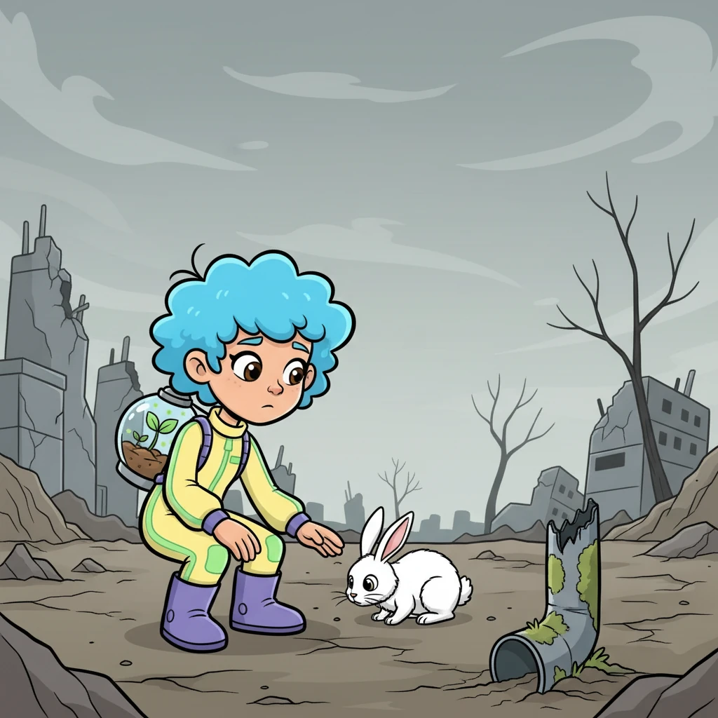 Сұрғылт әлемде Аяла мен қоян жалғыз қалғандай. Қираған қалалар мен шөлейт далалар олардың айналасында. Аяла қоянға қарап, болашақтың қалай жойылғанын еске алады.