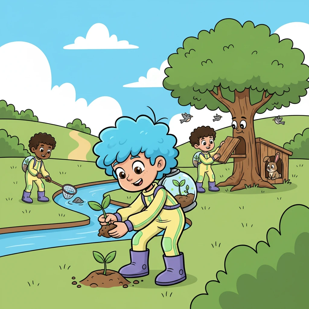 Балалар табиғатты қорғауға кіріседі. Олар жануарларға баспана салады, ағаш отырғызады және өзенді тазалайды. Аяла олардың әрекетін мақтан тұтады.