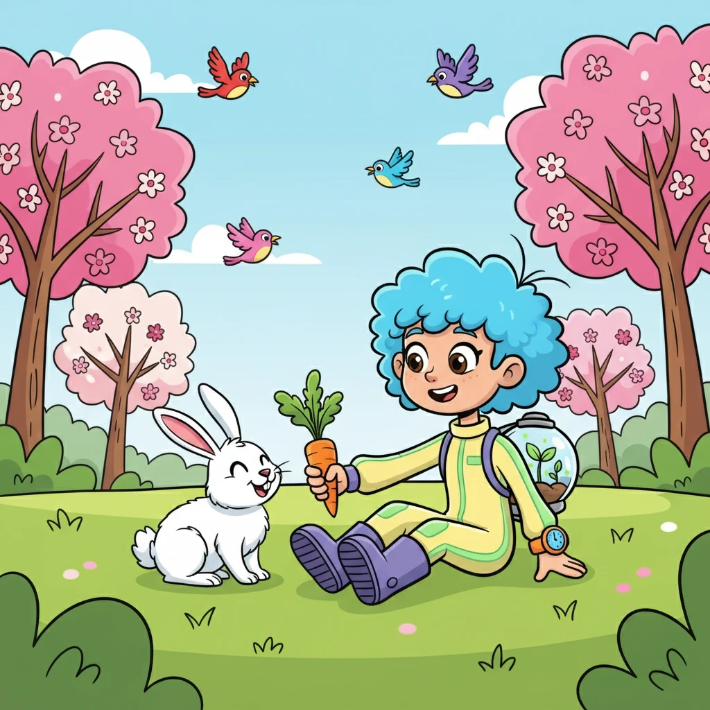 Балалардың күш-жігерінің арқасында табиғат қайта тіріле бастайды. Құстар ұшып, ағаштар гүлдейді. Қоян балалардың қолынан сәбіз жейді.