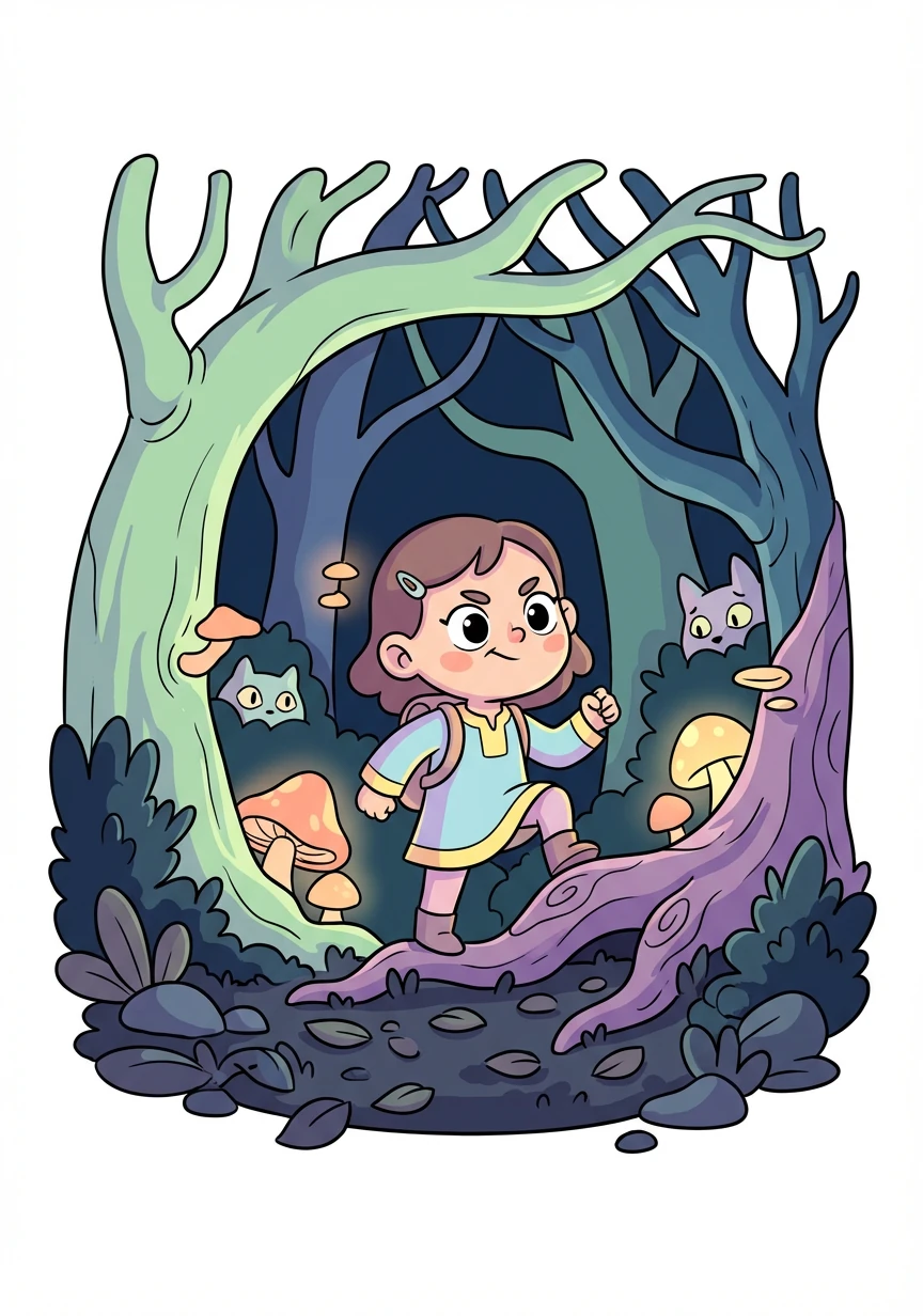 Dengan berani, Rina memasuki hutan terlarang. Hutan itu gelap dan menakutkan, tetapi Rina tidak menyerah. Dia bertekad untuk menemukan warna-warna yang hilang.