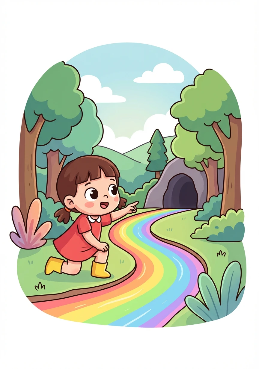 Di tengah hutan, Rina menemukan sebuah sungai yang airnya berwarna pelangi. Dia mengikuti sungai itu hingga tiba di sebuah gua yang gelap.