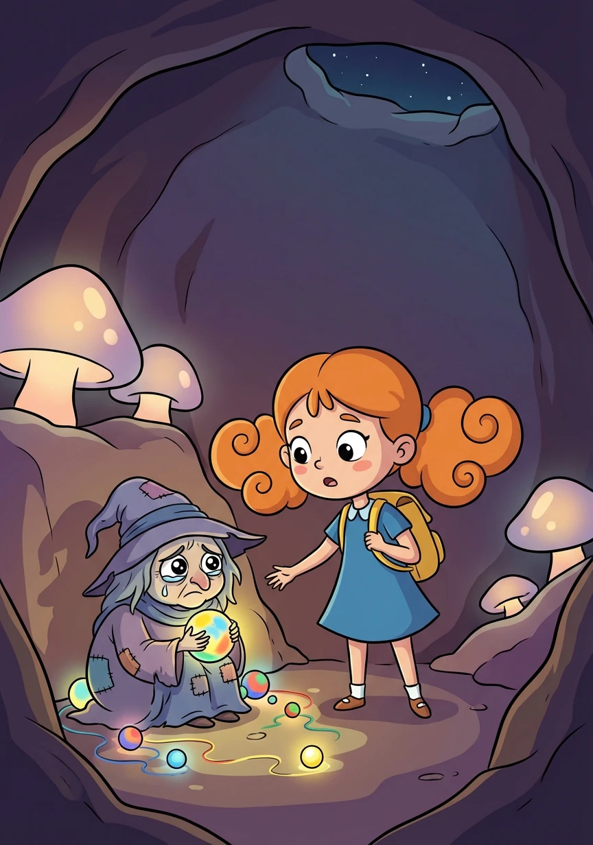 Di dalam gua, Rina menemukan si Penyihir Suram. Penyihir itu ternyata sangat kesepian dan mencuri warna-warna itu agar dia tidak merasa sendirian.