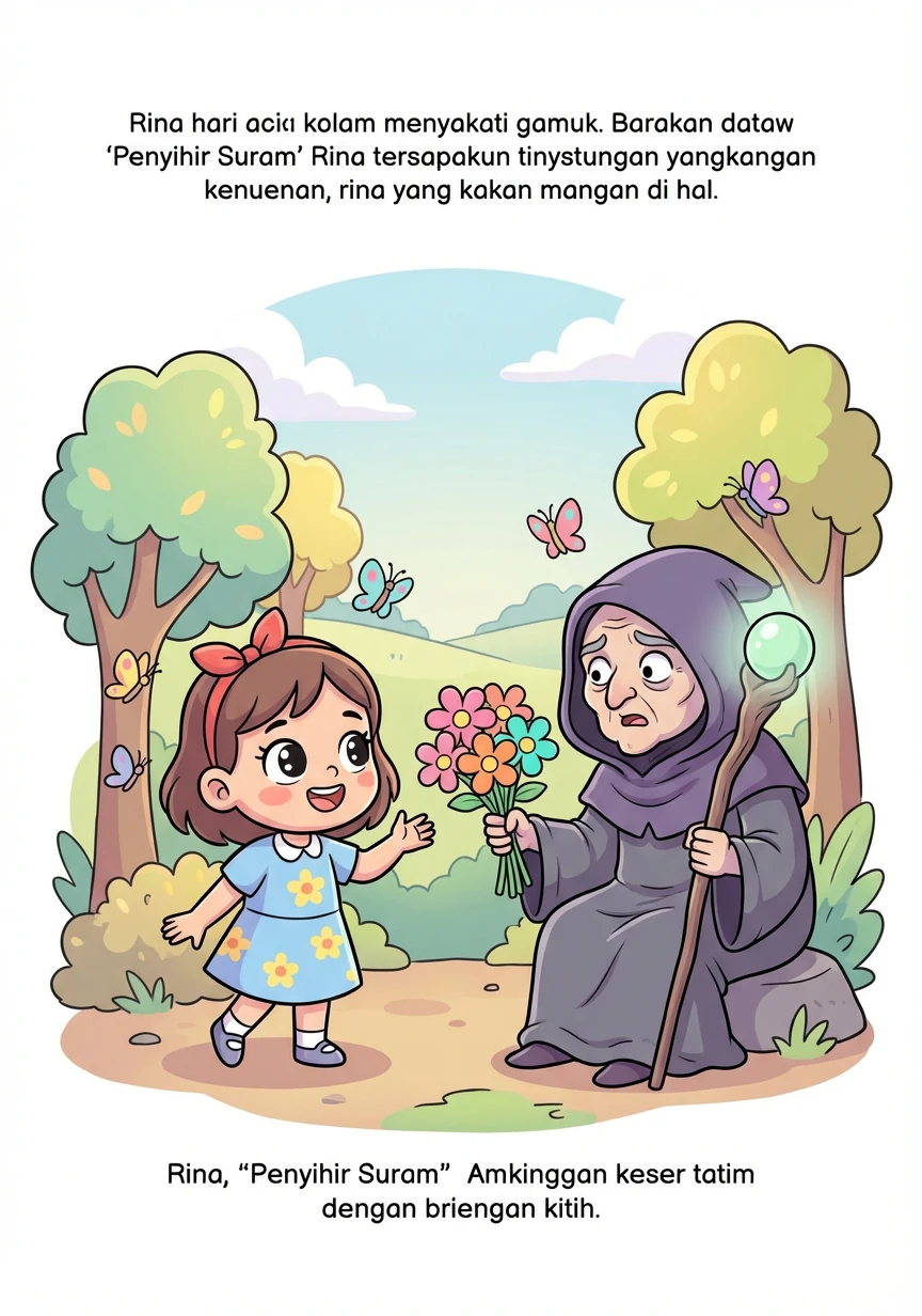 Rina berbicara dengan si Penyihir Suram dan menjelaskan betapa pentingnya warna bagi desanya. Dia mengajak penyihir itu untuk bergabung dengannya dan teman-temannya di desa.